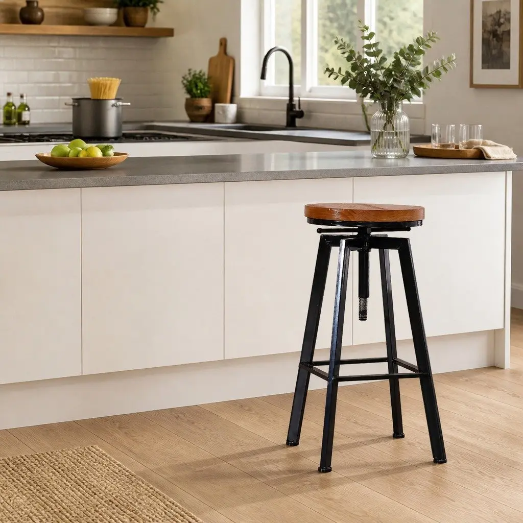 Adjustable Height Industrial Bar Stools with Wooden Seat