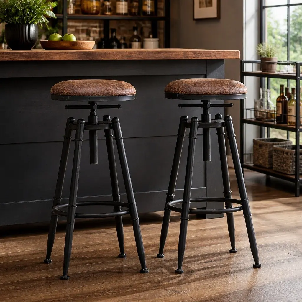 Adjustable Industrial Bar Stools Set of 2 for Kitchen Counters
