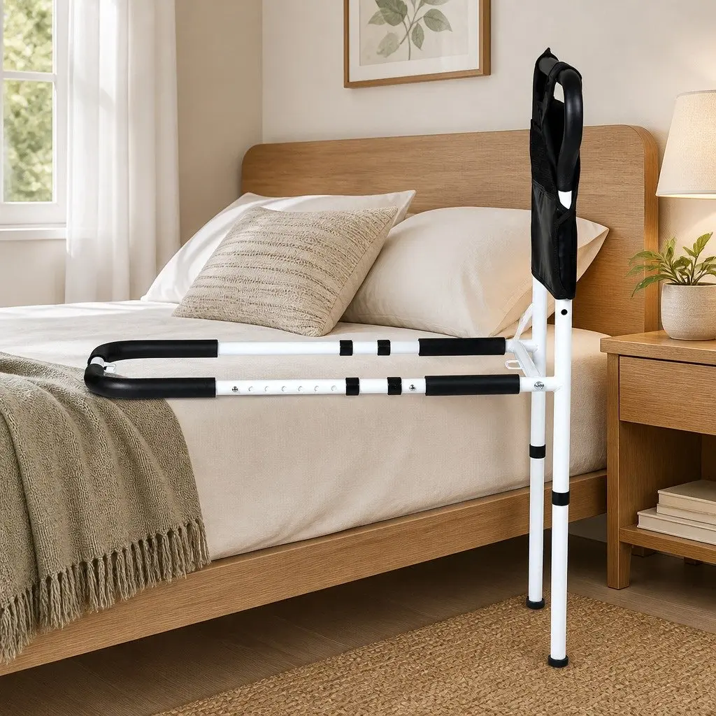 Bed Rail Safety Grab Handle Steel Adjustable Height White Black