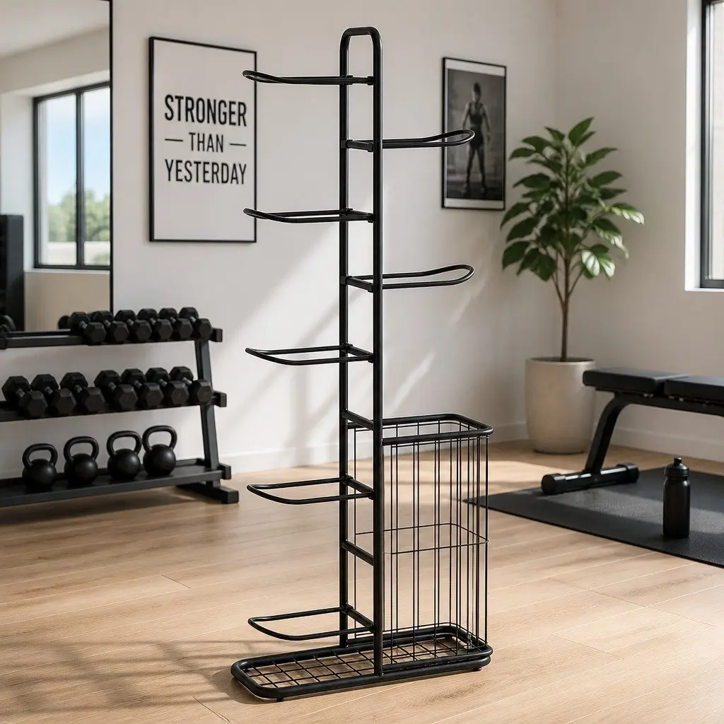 Ball Storage Rack 7-Tier Sports Equipment Organizer with Side Basket Garage Gym