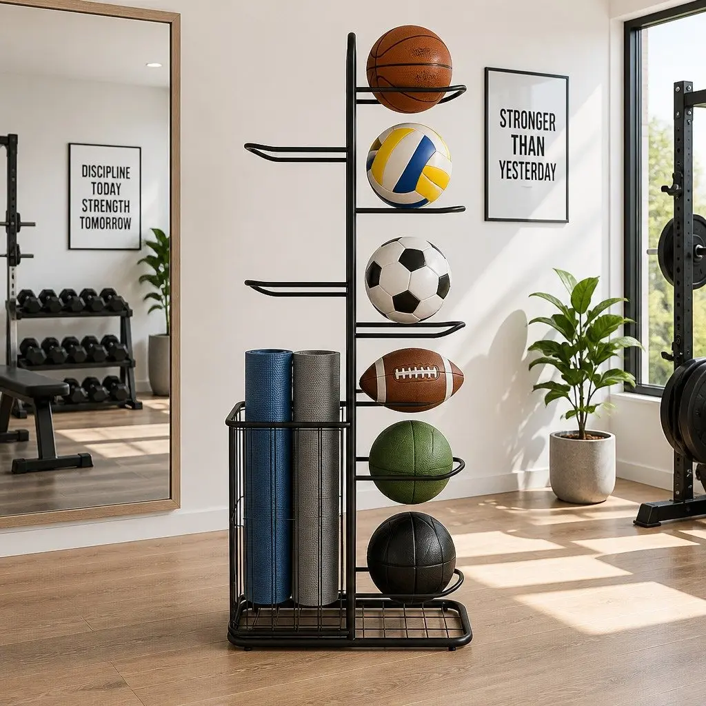 Ball Storage Rack 7-Tier Sports Equipment Organizer with Side Basket Garage Gym