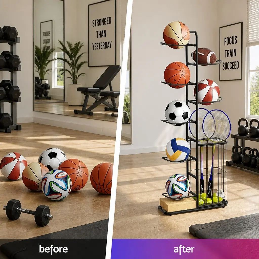 Ball Storage Rack 7-Tier Sports Equipment Organizer with Side Basket Garage Gym
