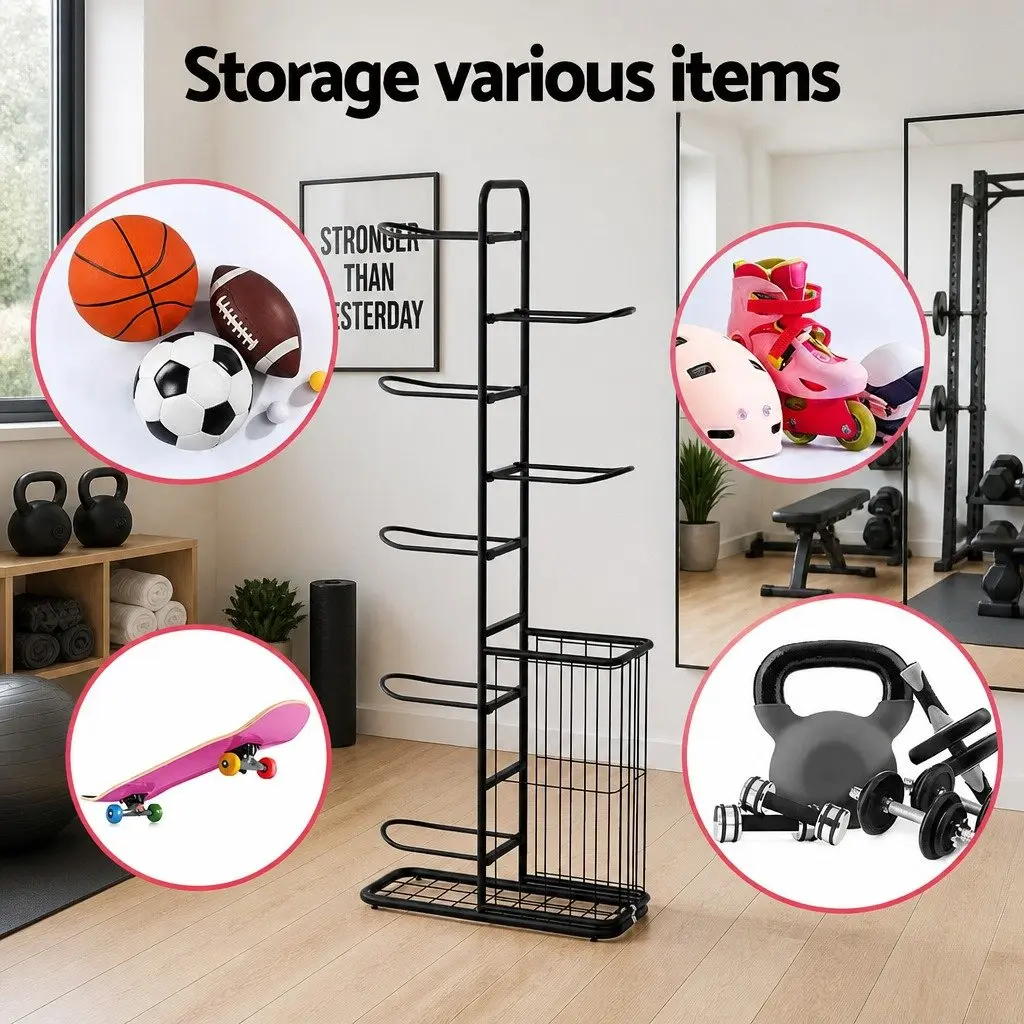 Ball Storage Rack 7-Tier Sports Equipment Organizer with Side Basket Garage Gym