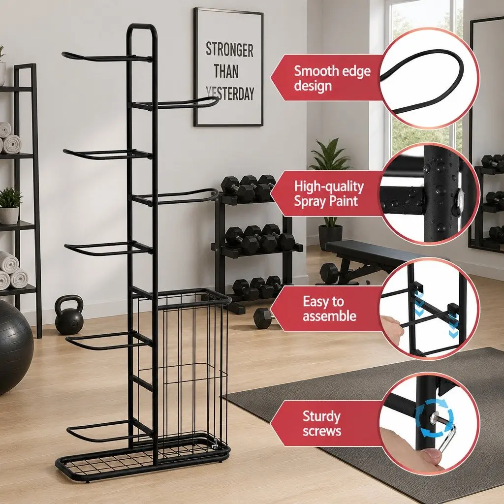 Ball Storage Rack 7-Tier Sports Equipment Organizer with Side Basket Garage Gym