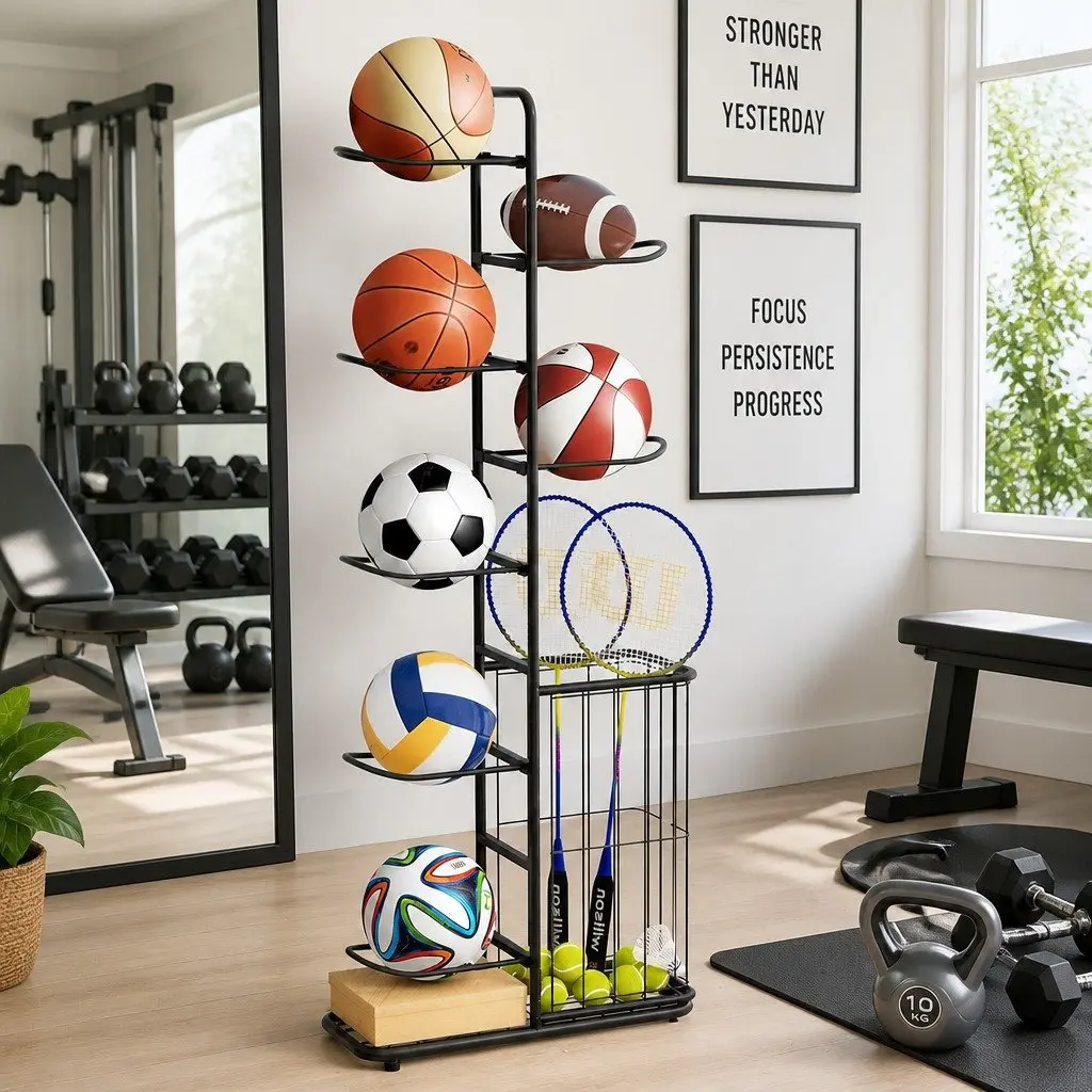 Ball Storage Rack 7-Tier Sports Equipment Organizer with Side Basket Garage Gym