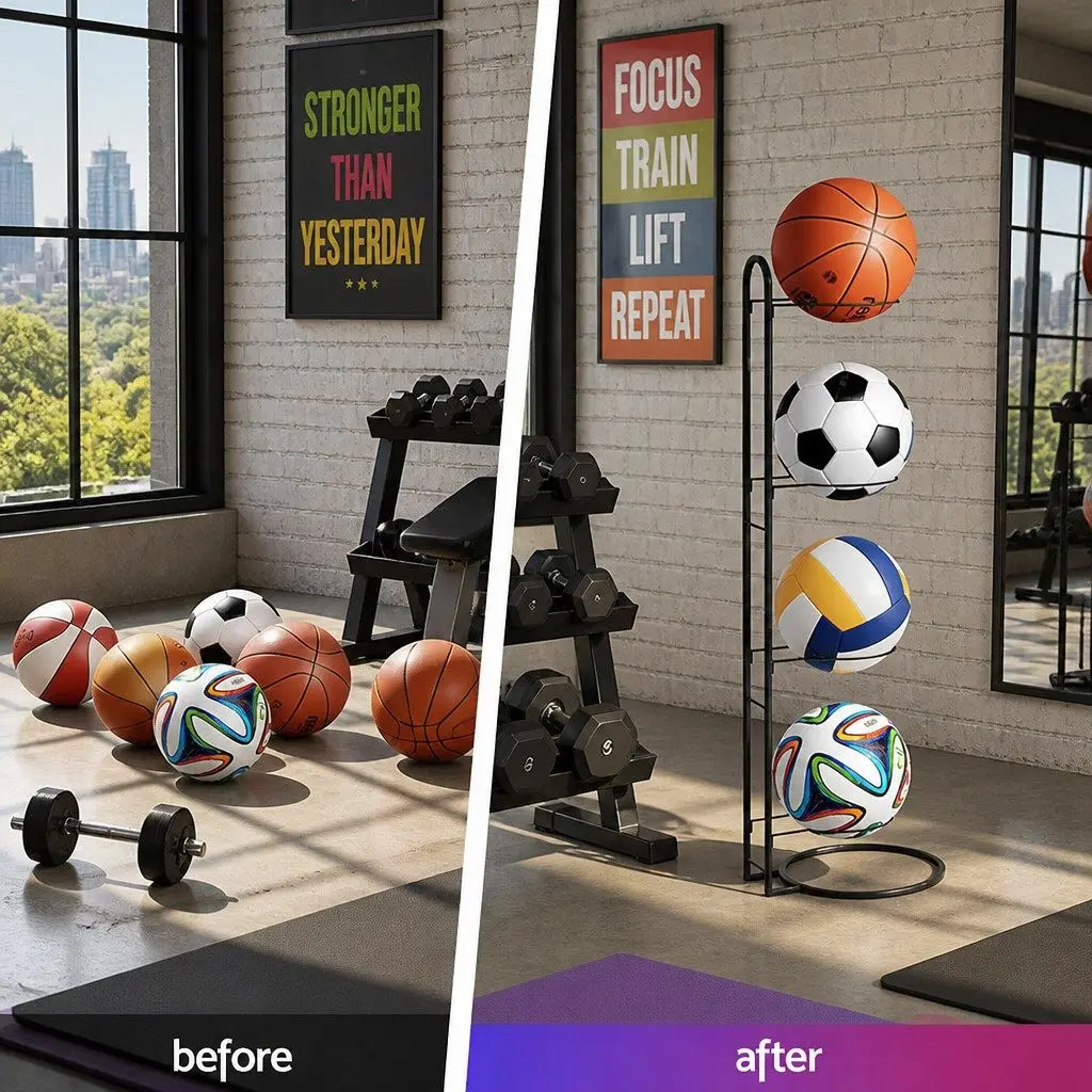4-Tier Ball Storage Rack Sports Equipment Organizer Holder Garage Gym Black