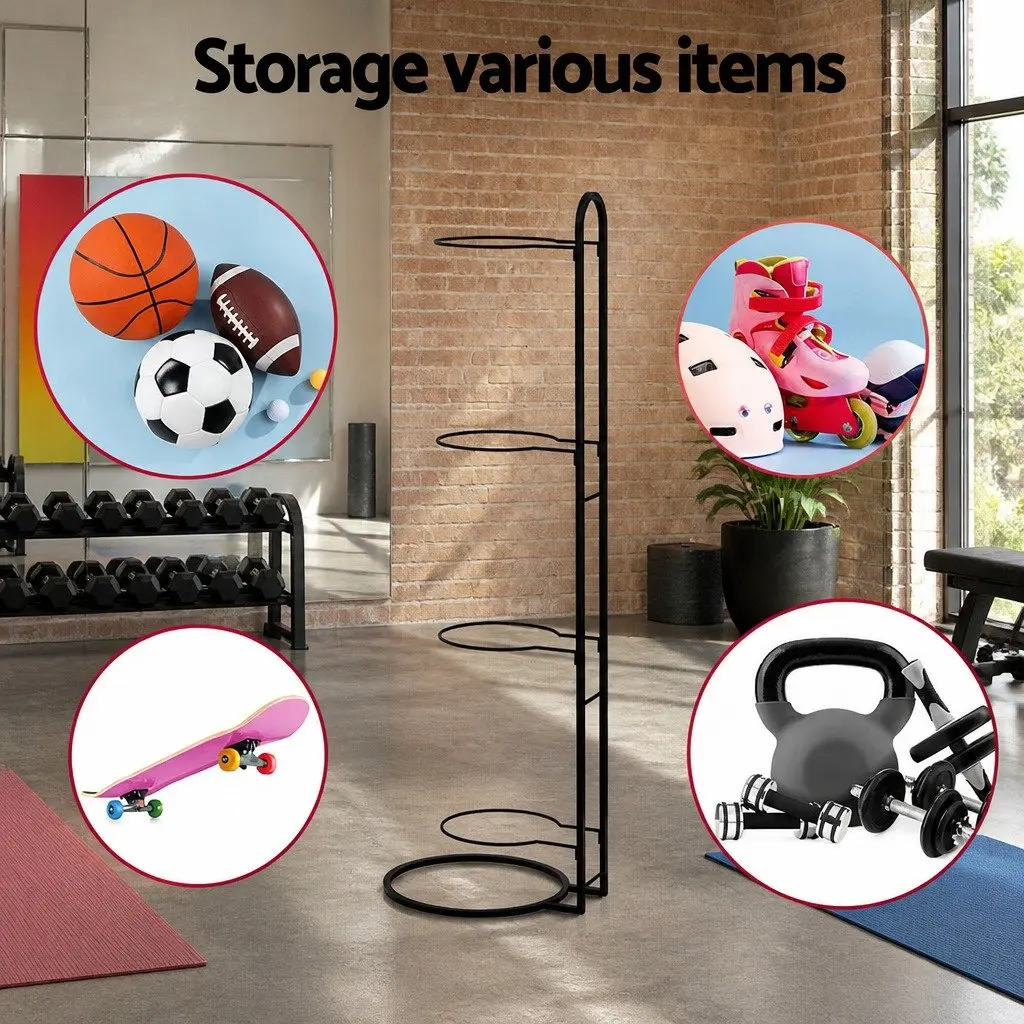 4-Tier Ball Storage Rack Sports Equipment Organizer Holder Garage Gym Black
