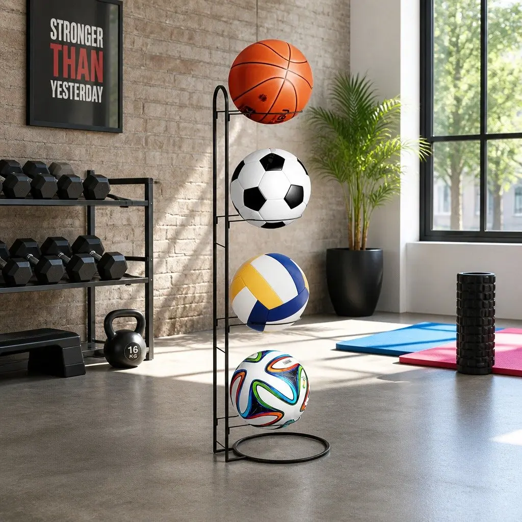 4-Tier Ball Storage Rack Sports Equipment Organizer Holder Garage Gym Black