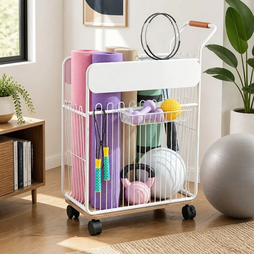 Yoga Mat Storage Rack Iron 50cm x 26cm x 79cm Black Mobile Organizer with Wheels