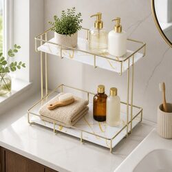Elegant 2 Tier Bathroom Storage Rack in Gold Marble Design