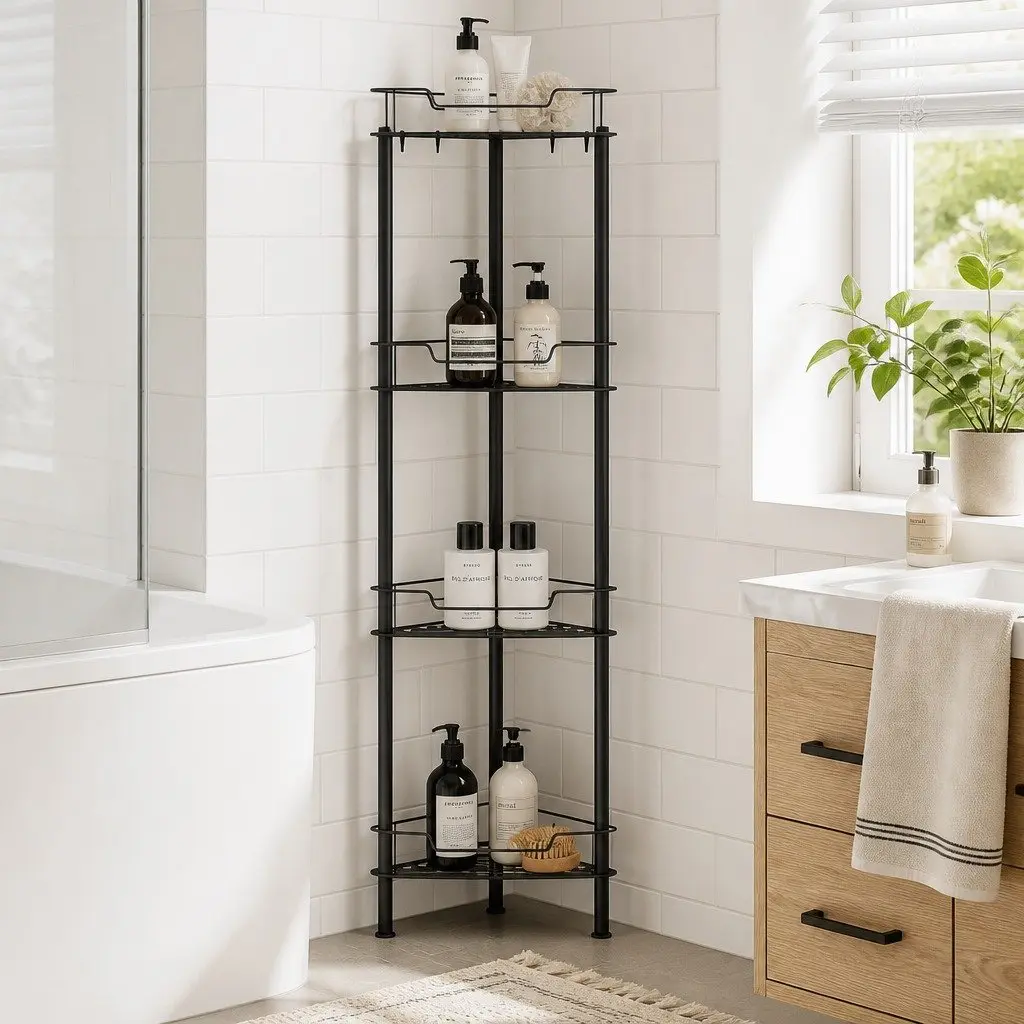 Black Rustproof 4-Tier Shower Caddy for Strong Storage