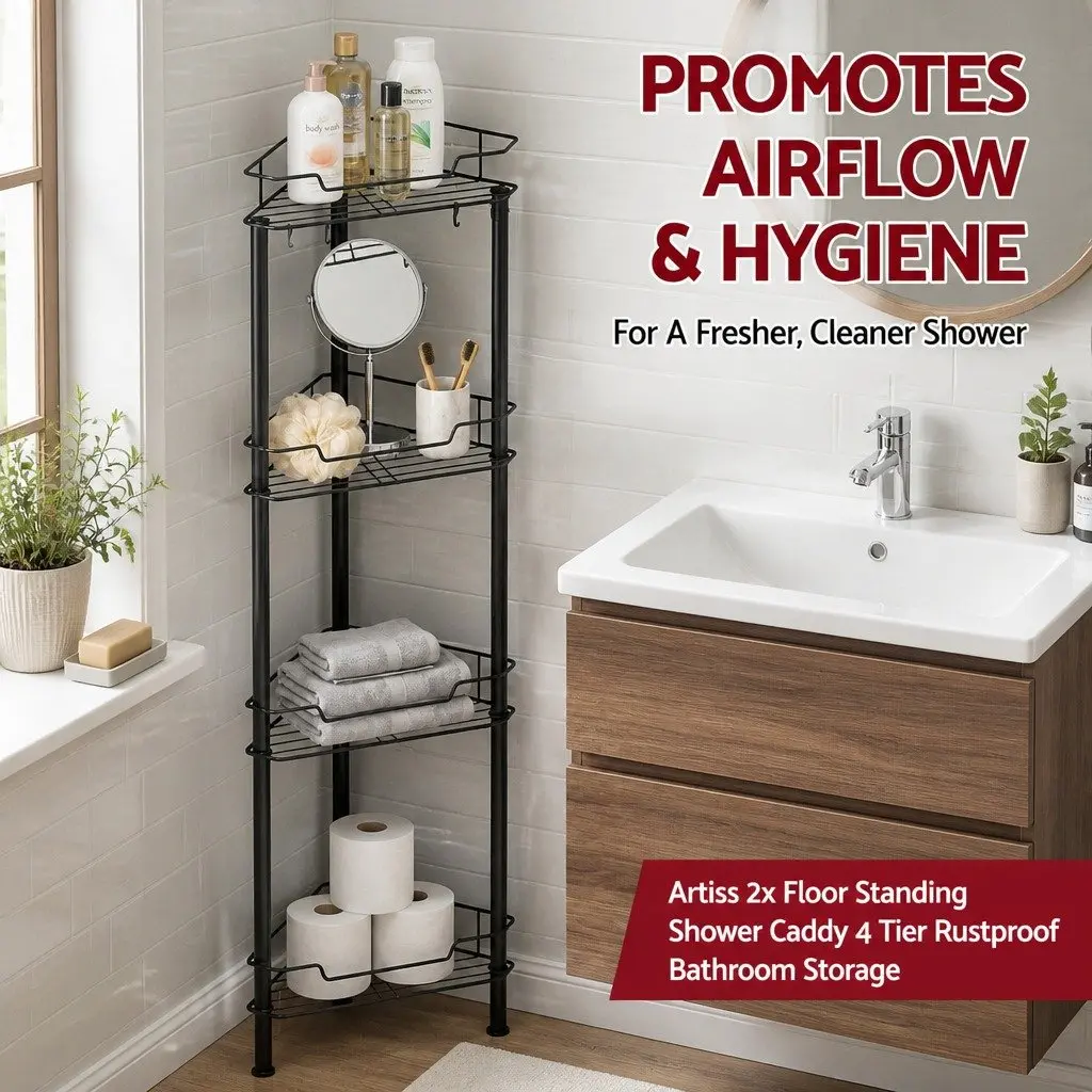 Black Rustproof 4-Tier Shower Caddy for Strong Storage