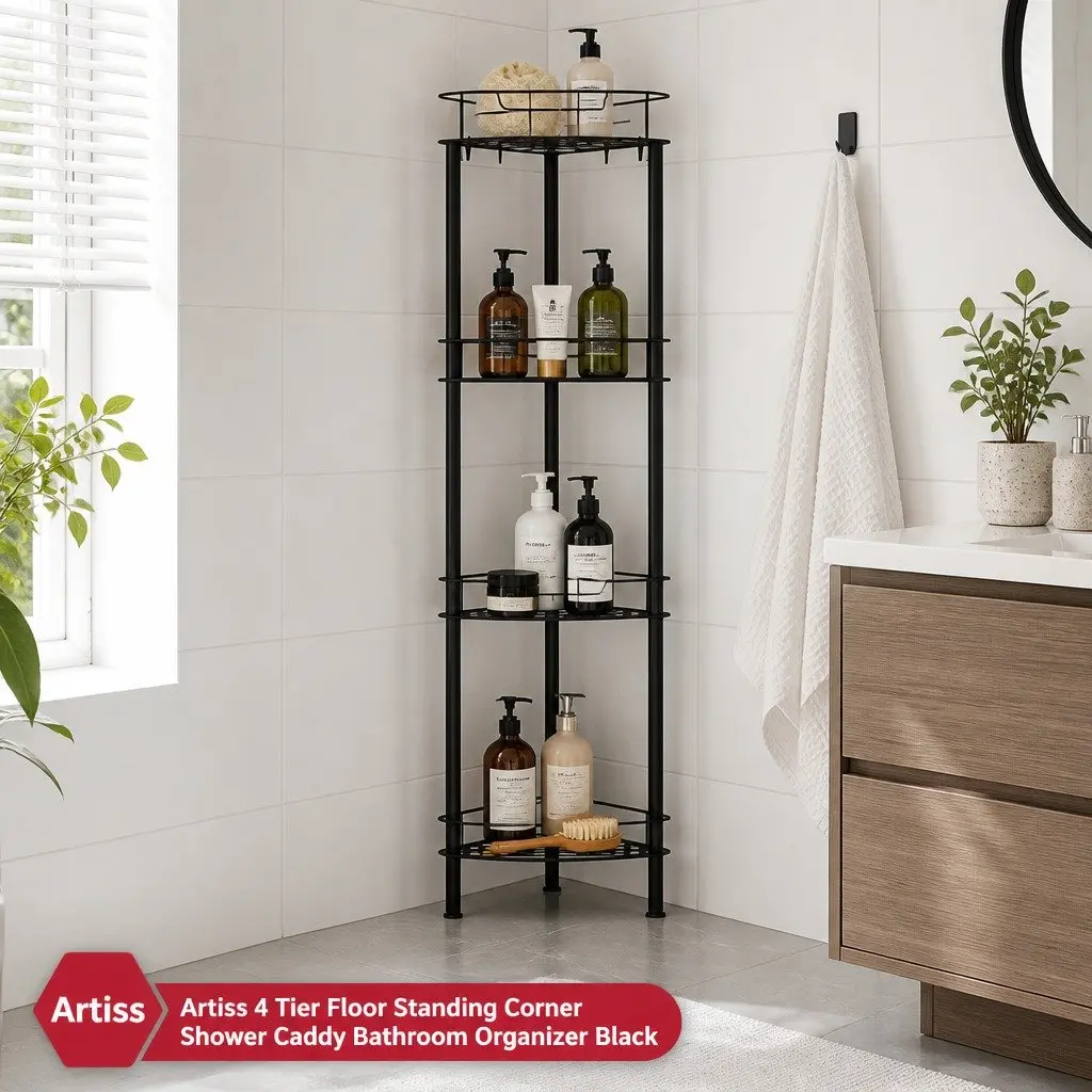 4 Tier Black Corner Shower Caddy for Bathroom Storage