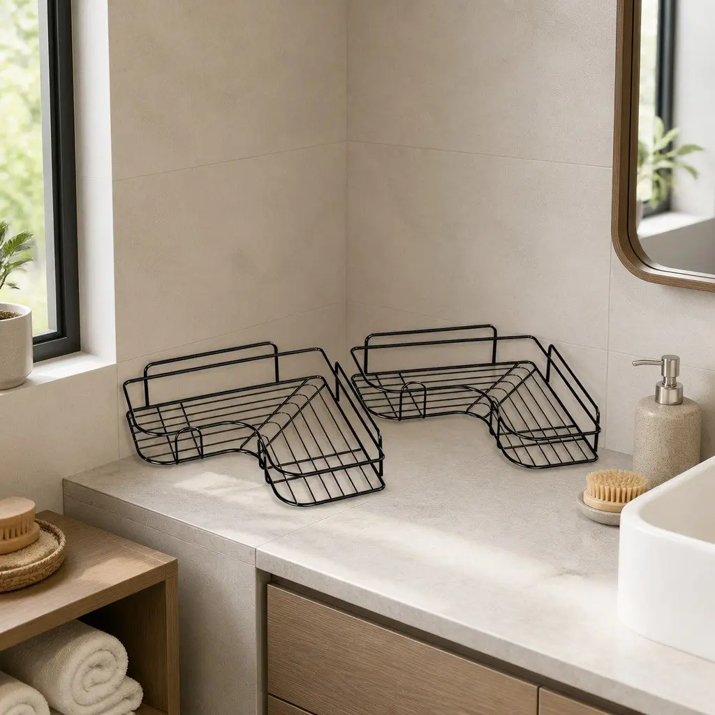 Corner Storage Rack Carbon Steel L-Shaped Wall Mount Organiser Black 2 Pack