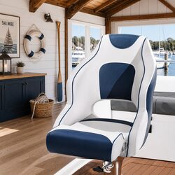 Durable Blue and White Flip Up Boat Seat with Swivel Base