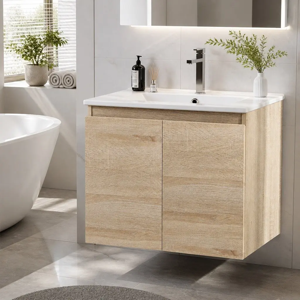 Vanity Unit Oak Wall-Hung Bathroom Cabinet 600mm with Ceramic Basin
