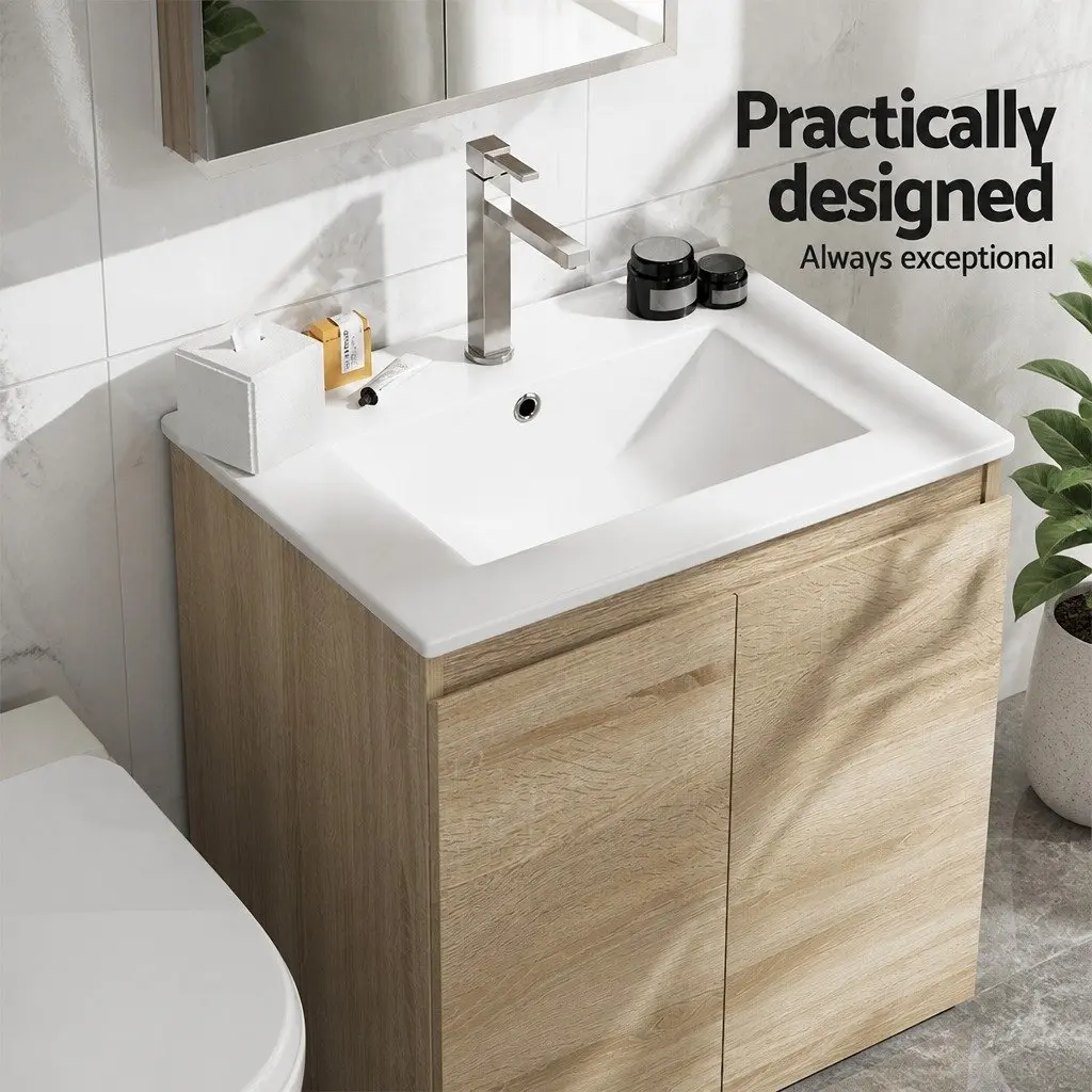 Vanity Unit Oak Wall-Hung Bathroom Cabinet 600mm with Ceramic Basin
