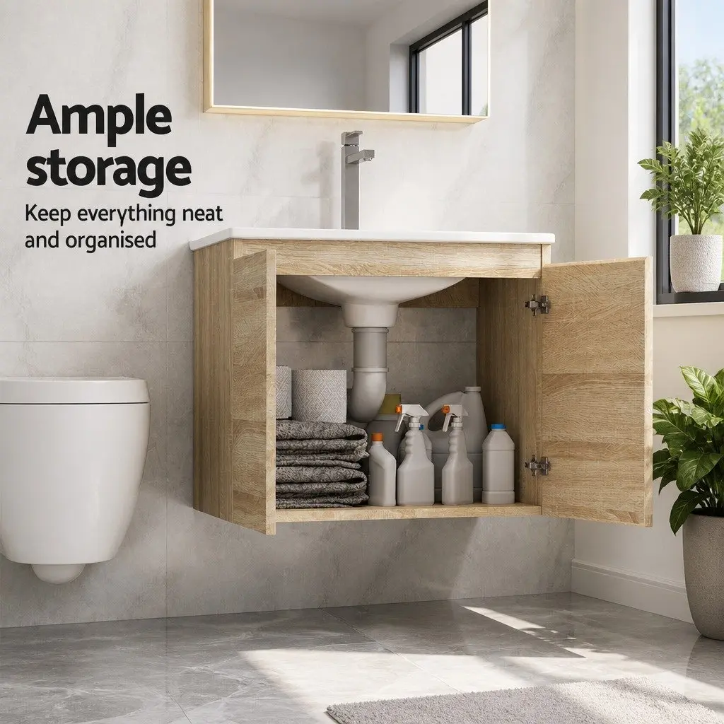 Vanity Unit Oak Wall-Hung Bathroom Cabinet 600mm with Ceramic Basin
