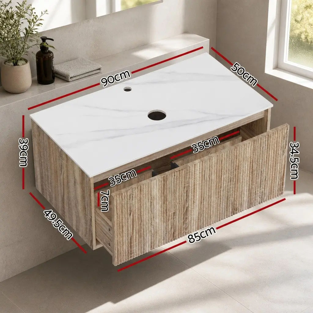 Bathroom Vanity Unit Oak Timber 900mm Wall-Hung Single Drawer Cabinet