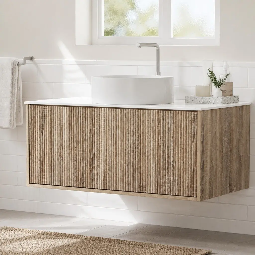 Bathroom Vanity Unit Oak Timber 900mm Wall-Hung Single Drawer Cabinet