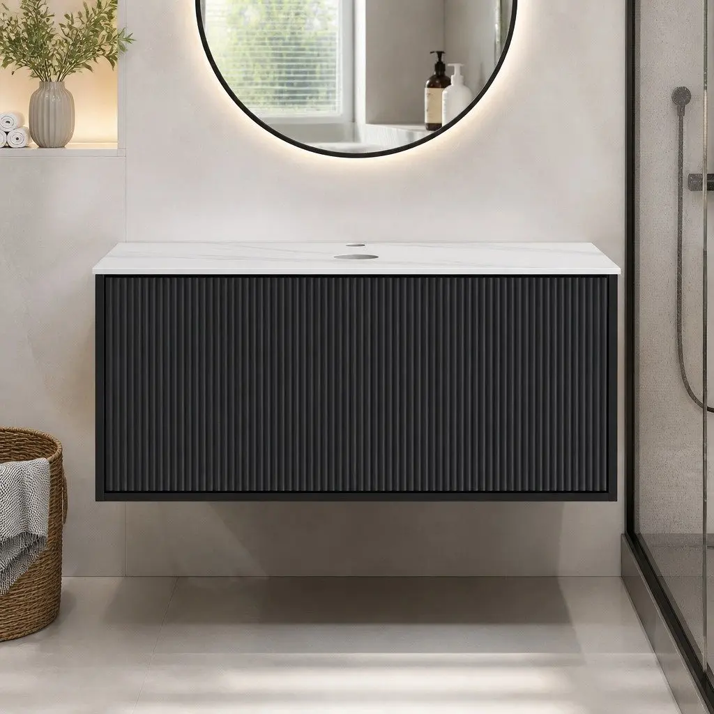 Wall Hung Bathroom Vanity Unit E1 MDF 900mm Black Cabinet Sintered Stone Countertop
