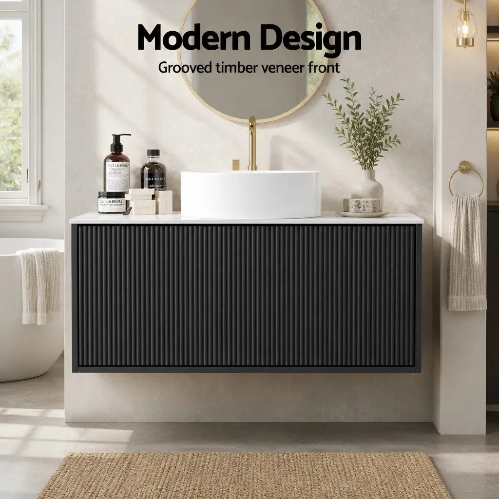 Wall Hung Bathroom Vanity Unit E1 MDF 900mm Black Cabinet Sintered Stone Countertop