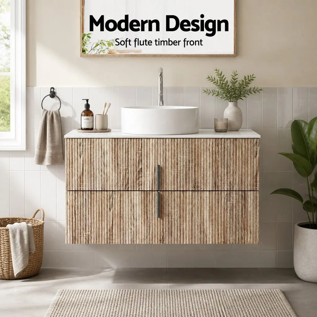 900mm Wall Hung Vanity Unit Engineered Stone Pine Timber Bathroom Cabinet
