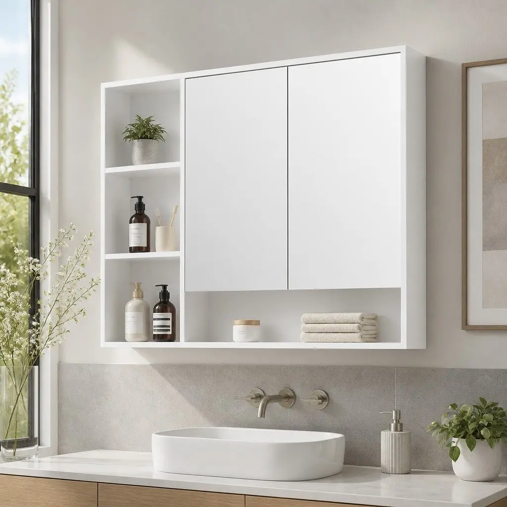 White Vanity Storage Cabinet with Mirror for Bathrooms