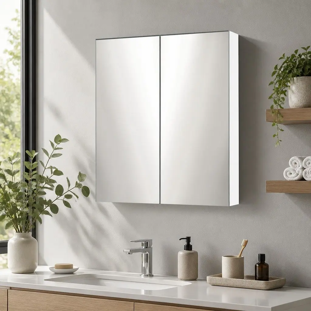 Bathroom Mirror Cabinet MDF 600x720mm White Twin Doors Adjustable Shelves