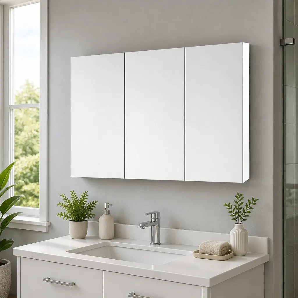 White 3 Door Bathroom Storage Mirror Cabinet