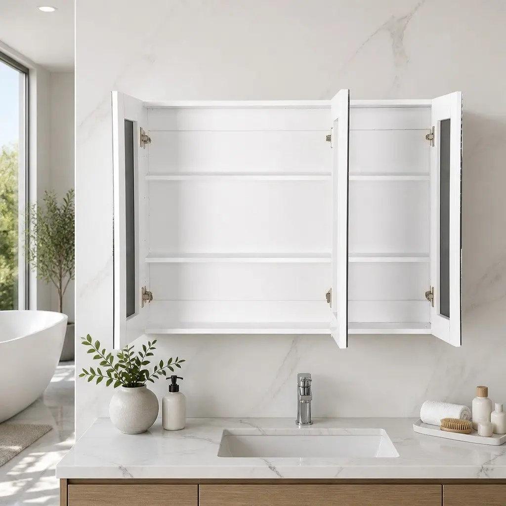 Bathroom Cabinet MDF 1200x720mm White Mirror Storage Cupboard 3 Door Vanity