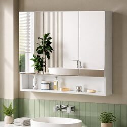 Wall Hung Bathroom Mirror Cabinet 900x750mm with Shelves