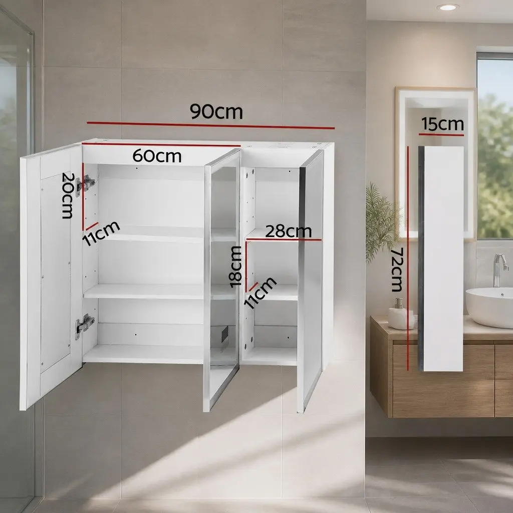 Bathroom Cabinet MDF 900x720mm White LED Light Wall-Mounted Mirror Storage