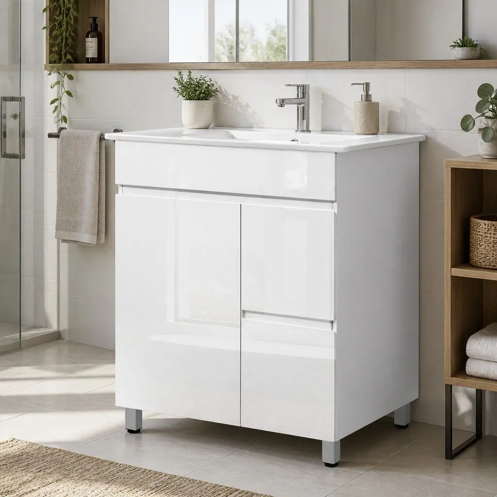 Bathroom Vanity Unit E1 MDF 765mm White Freestanding Basin Cabinet