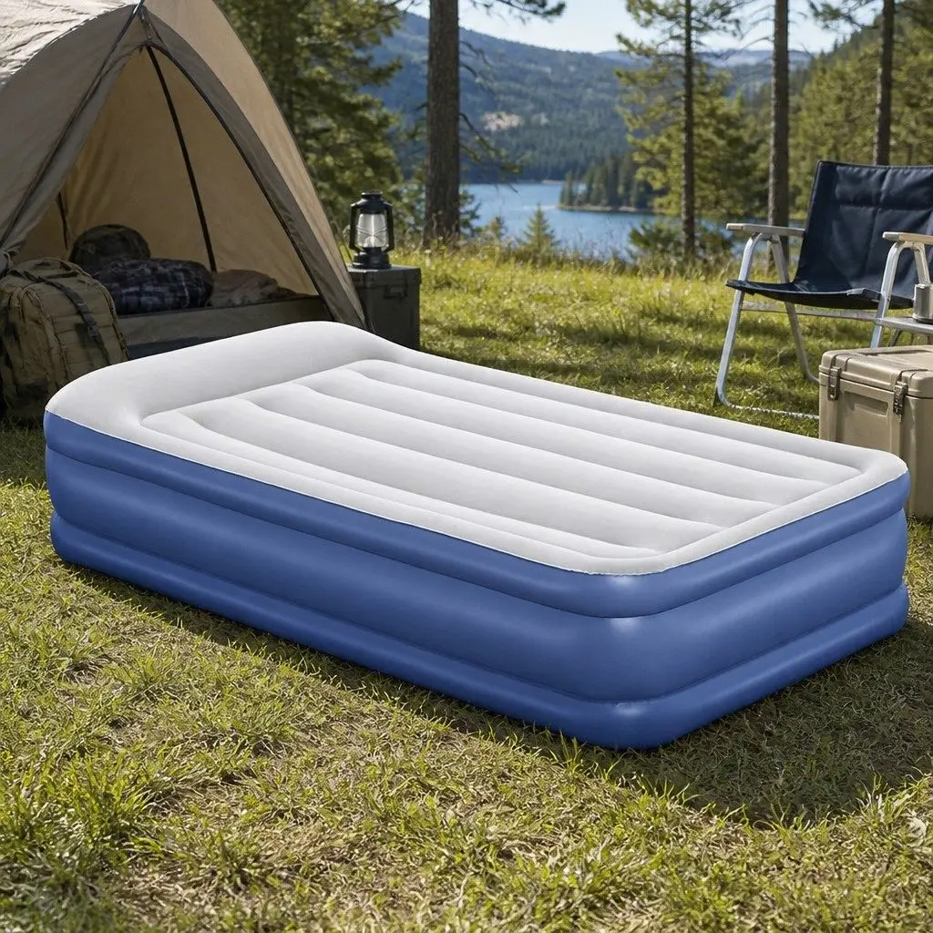 Single Inflatable Air Mattress 46cm Height Flocked Surface Navy