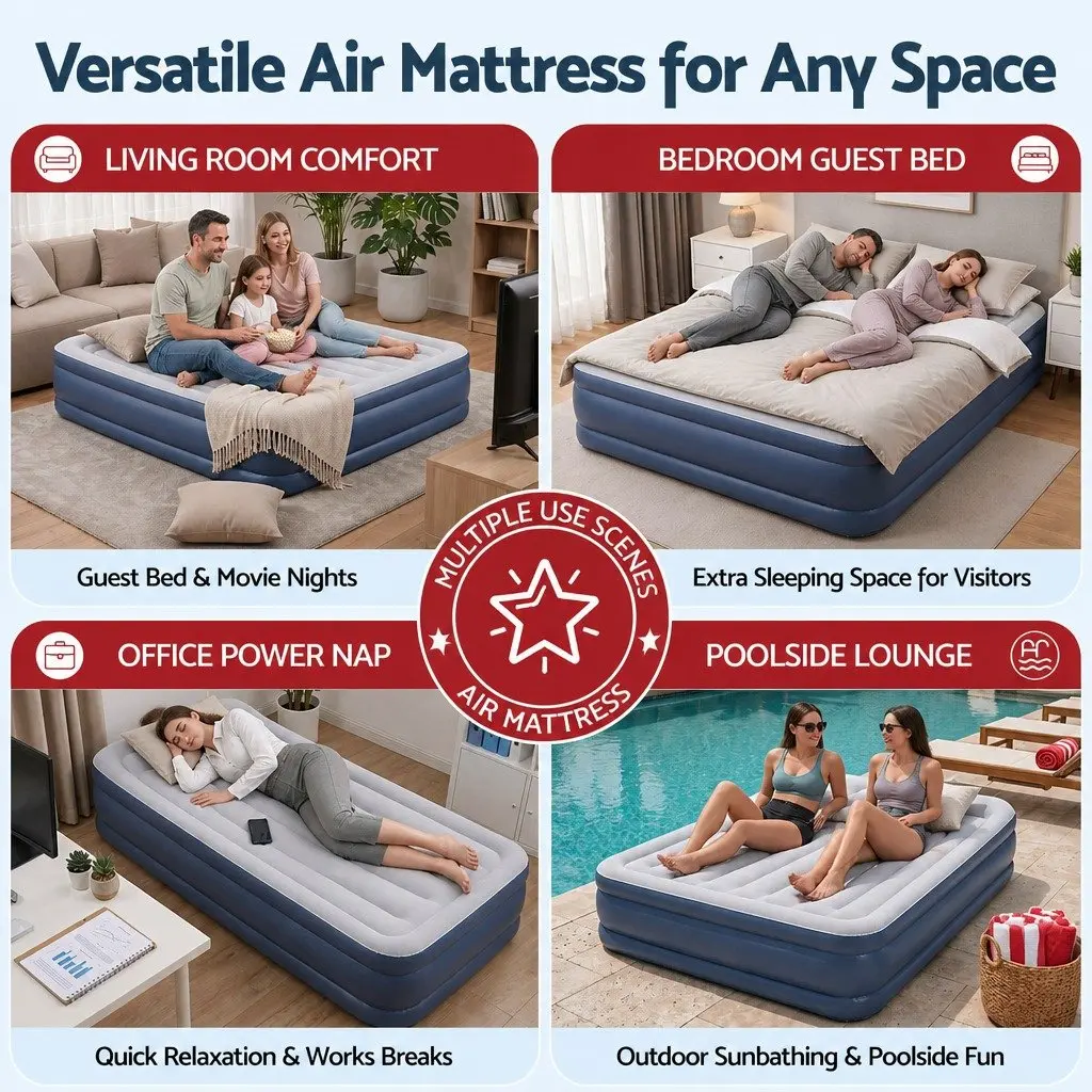 Single Inflatable Air Mattress 46cm Height Flocked Surface Navy