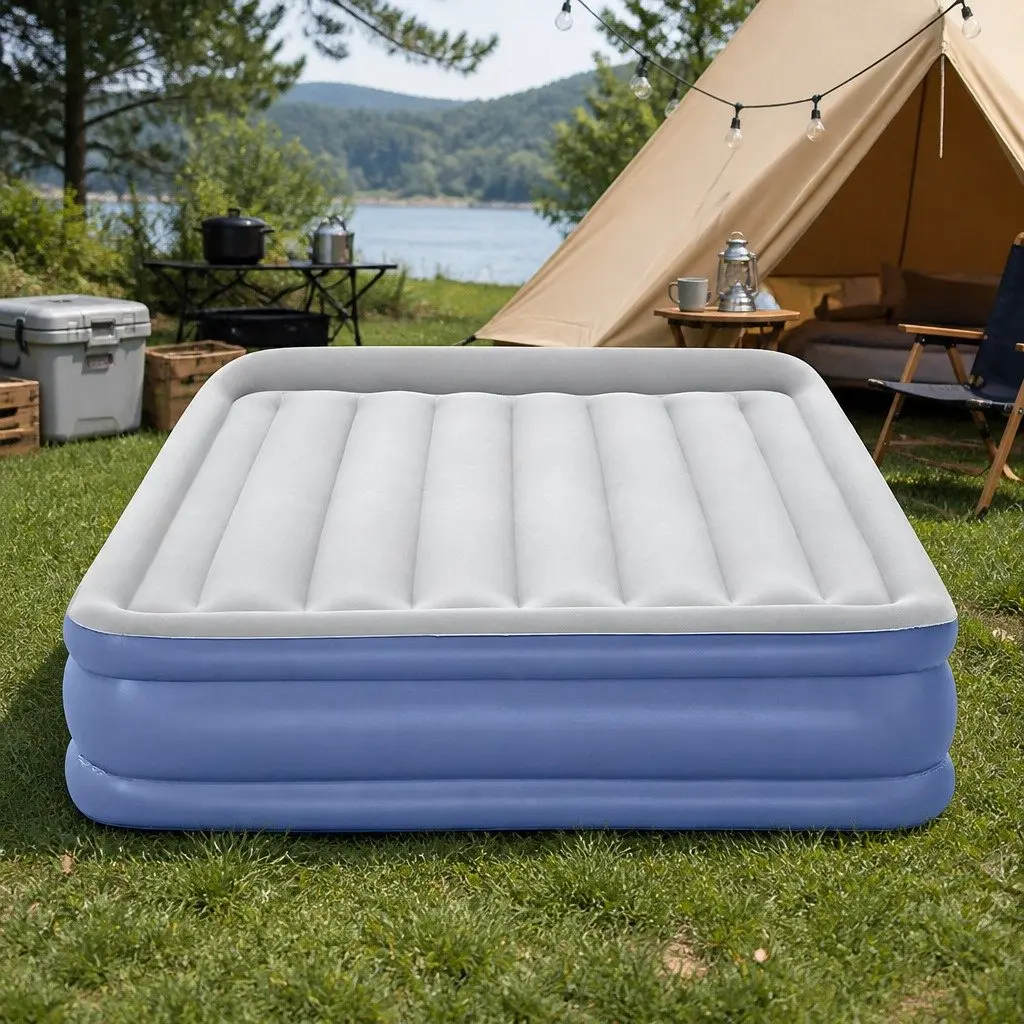 Queen Size Air Mattress Inflatable Bed Flocked Surface 46cm Navy