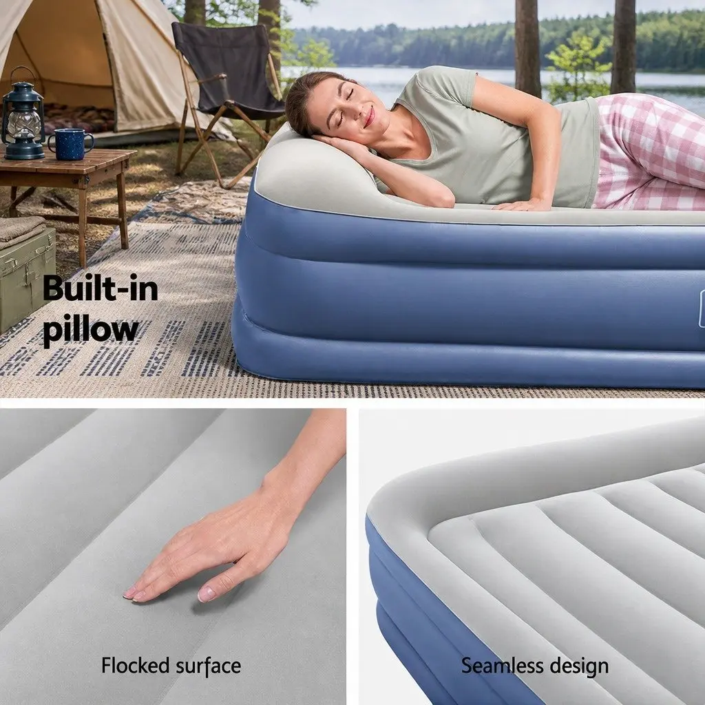 Queen Size Air Mattress Inflatable Bed Flocked Surface 46cm Navy