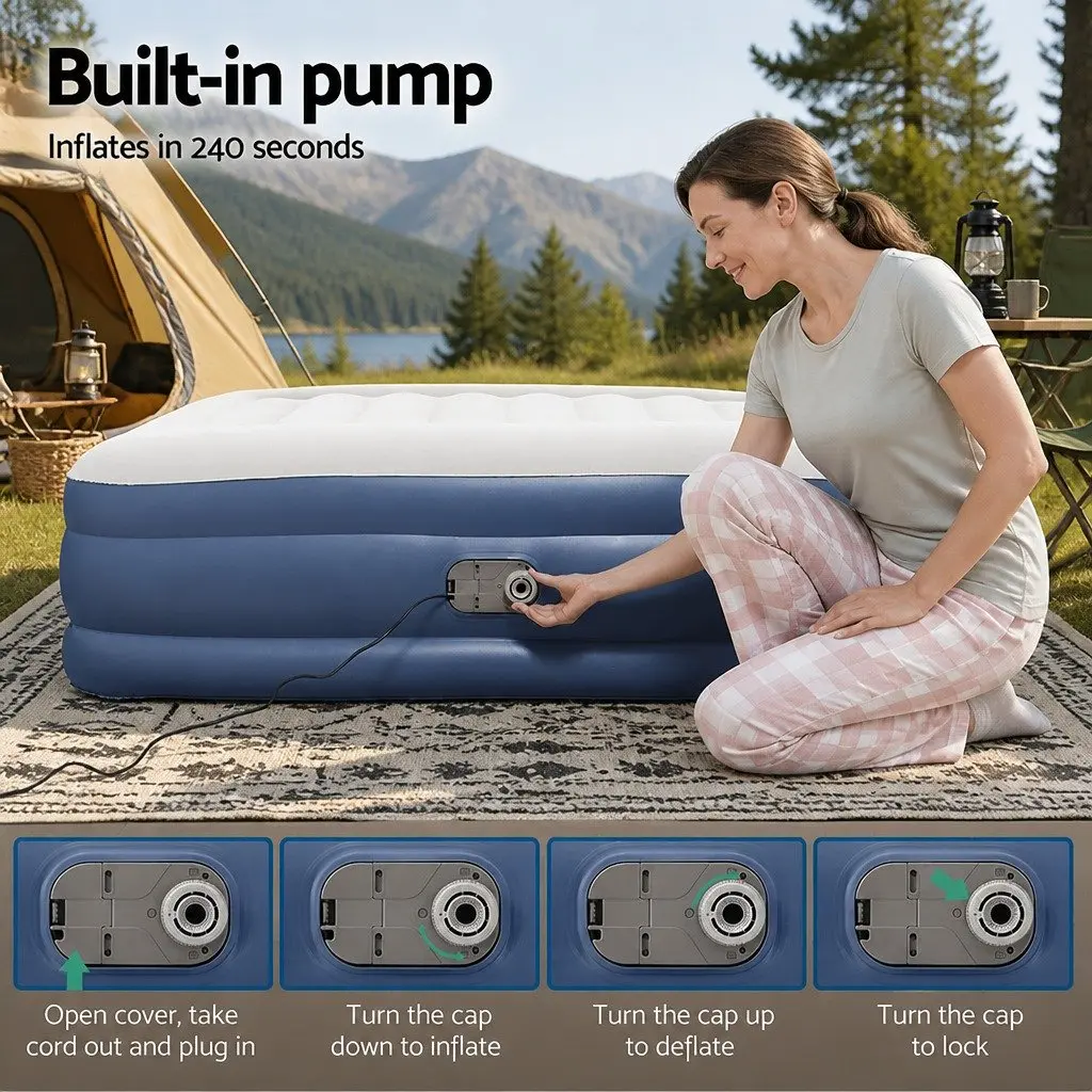 Queen Size Air Mattress Inflatable Bed Flocked Surface 46cm Navy