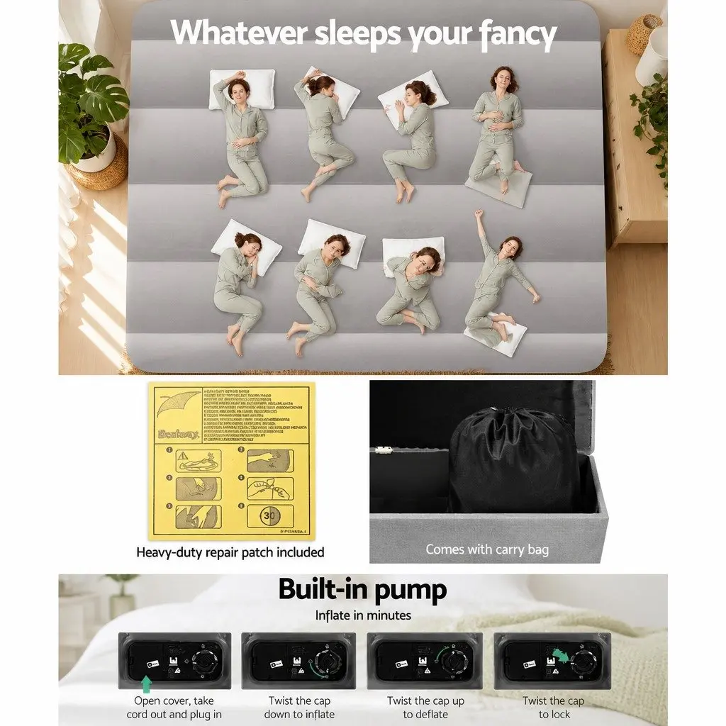 Queen Size Air Mattress Inflatable Bed Flocked Surface 46cm Navy