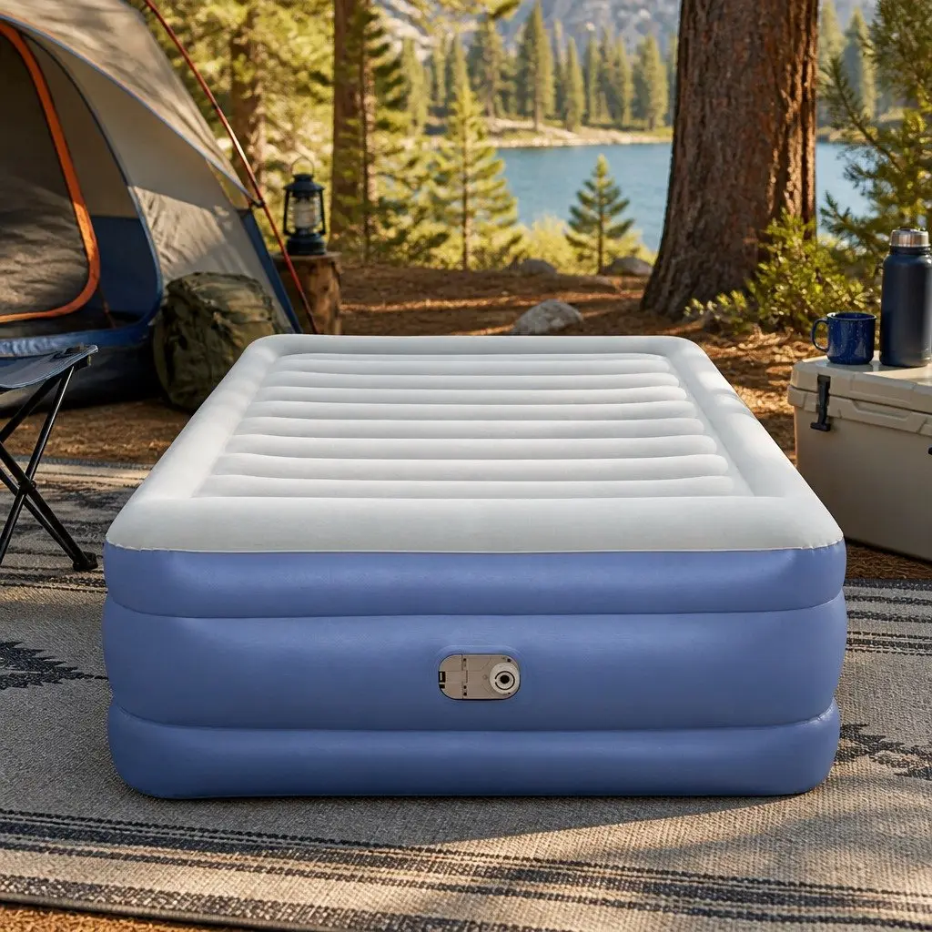 Air Mattress Flocked Queen Size Inflatable Bed Navy