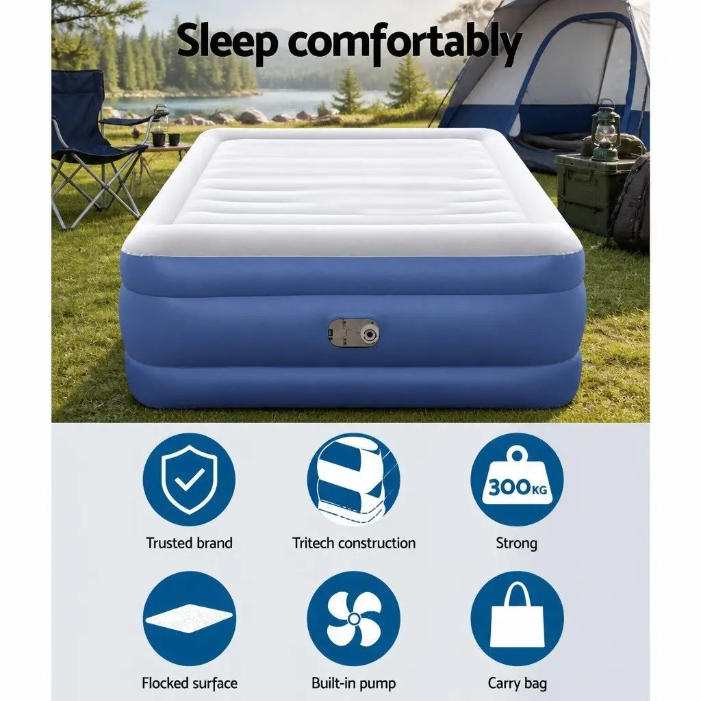 Air Mattress Flocked Queen Size Inflatable Bed Navy