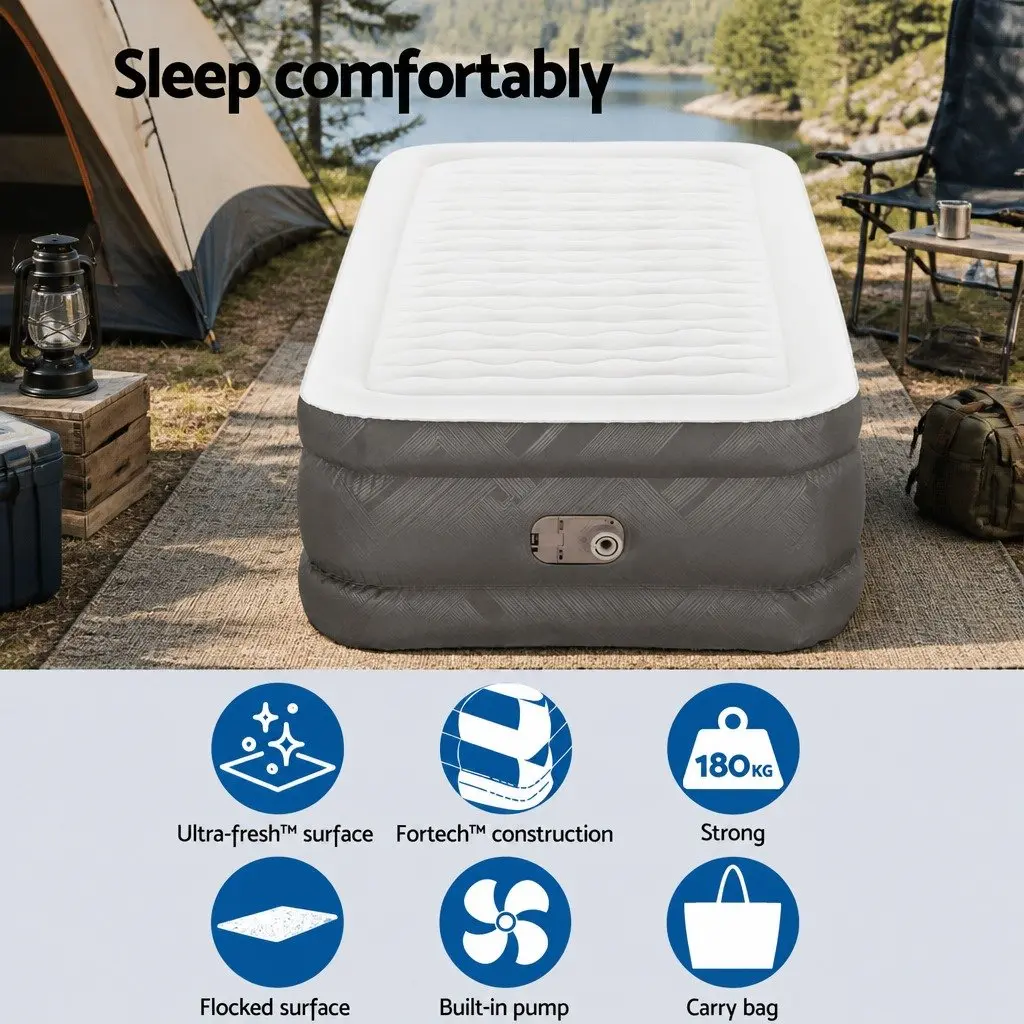Single Air Mattress Inflatable Bed Flocked Surface 191cm x 97cm Brown Grey
