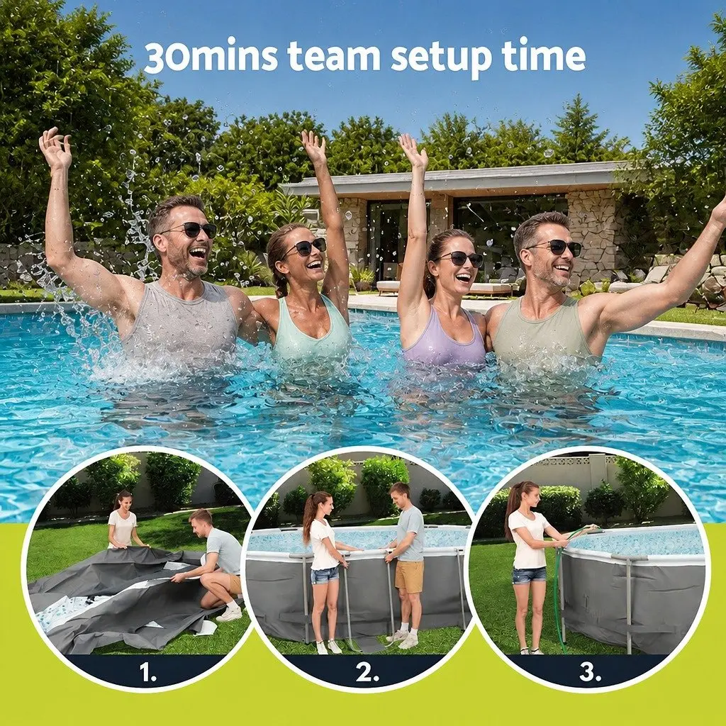 Steel Frame Swimming Pool PVC Polyester 488x305x107cm Grey