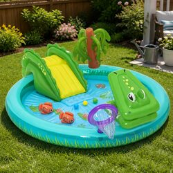 Durable Kids Inflatable Pool with Crocodile Slide & Games