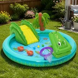 Durable Kids Inflatable Pool with Crocodile Slide & Games