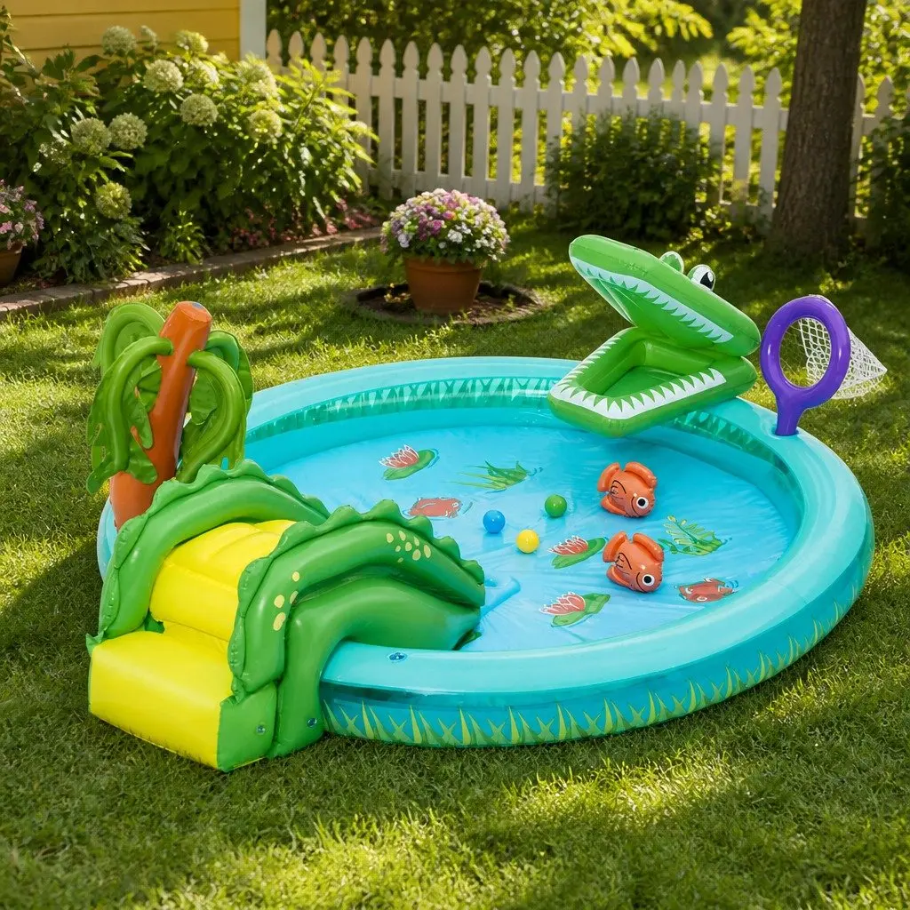 Kids Inflatable Pool with Crocodile Slide & Games