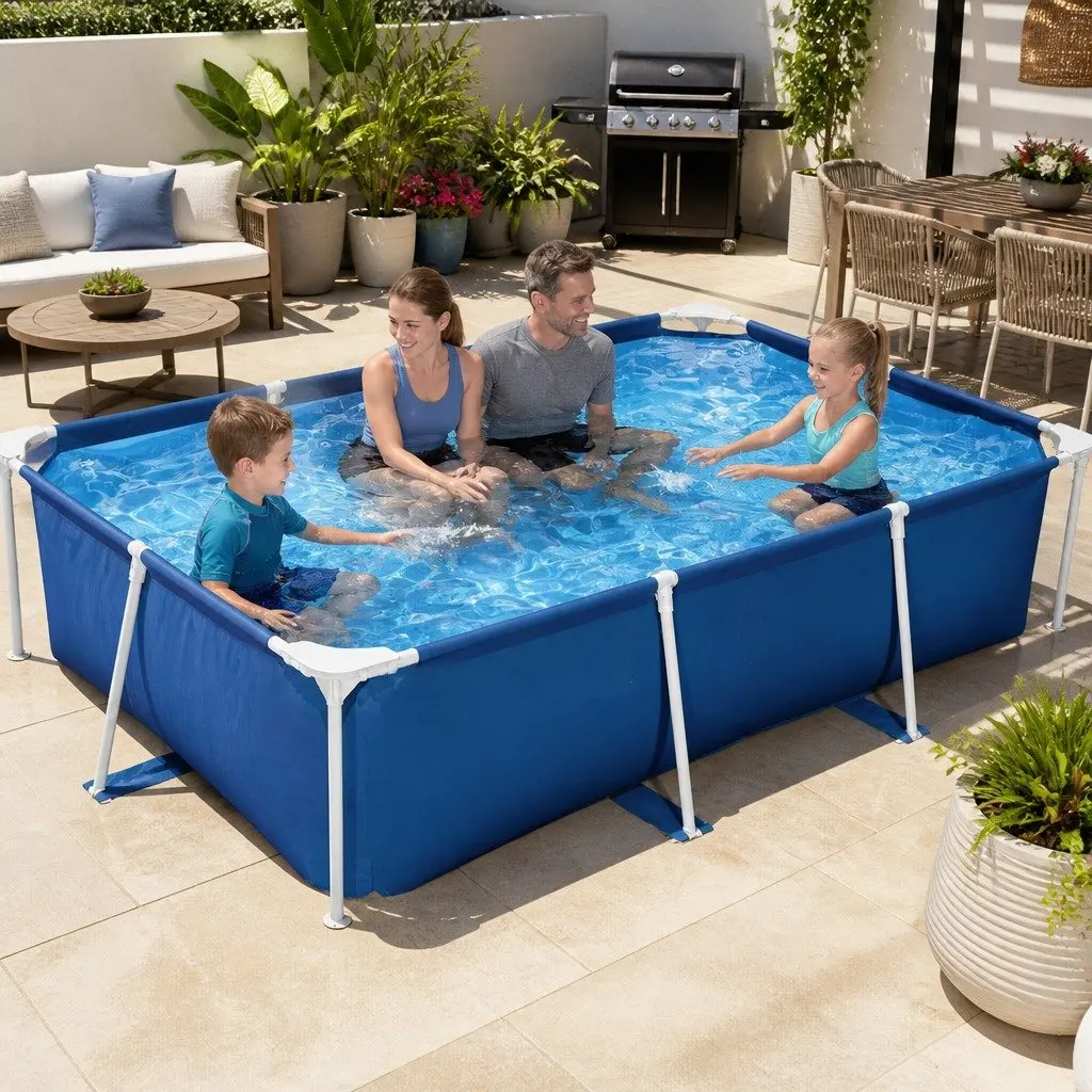 Steel Frame Above Ground Swimming Pool 259x170x61cm Blue Heavy Duty PVC Polyester Summer Family Use