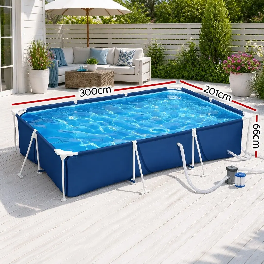 Above Ground Swimming Pool Steel Frame 300x201x66cm Heavy Duty PVC Backyard Blue with Filter Pump