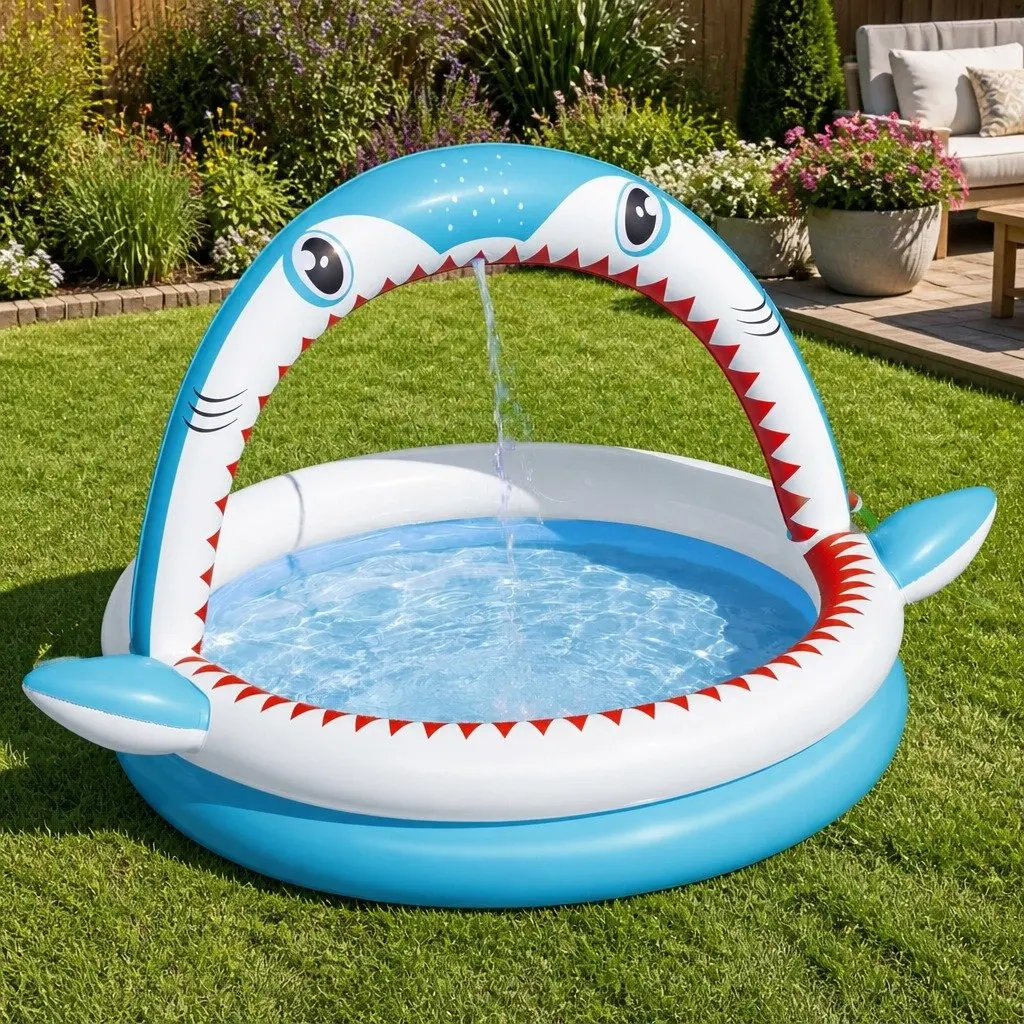 Sharktastic Sprinkler Play Pool 1.63m x 1.27m x 92cm Inflatable Kids Water Toy